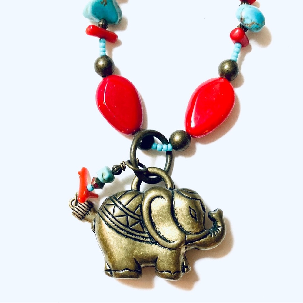 Handmade Red and Aqua Elephant Statement Necklace